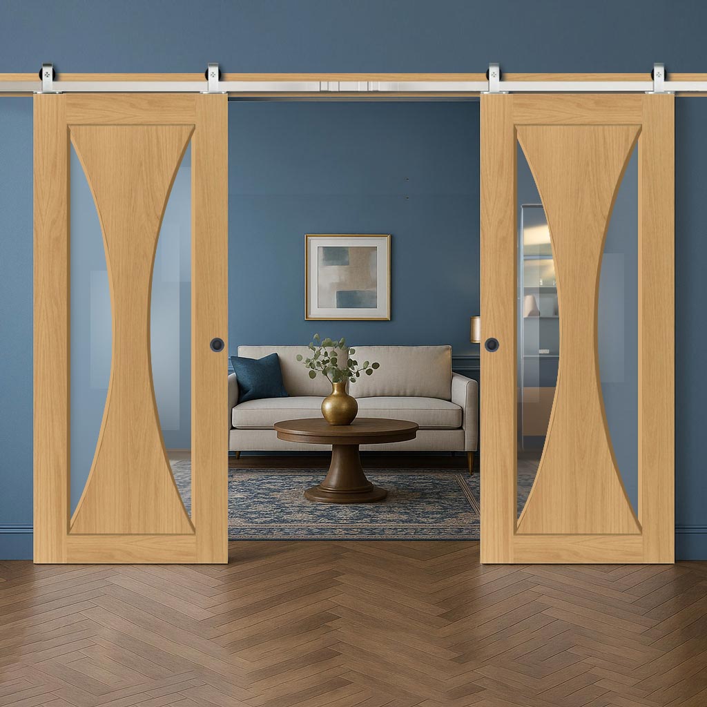 Top Mounted Stainless Steel Sliding Track & Sorrento Prefinished Oak Double Door - Clear Glass