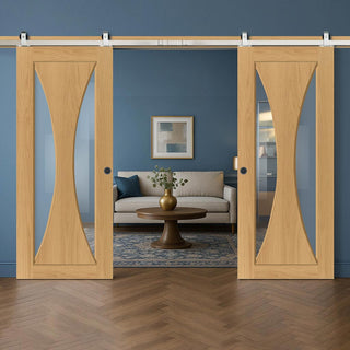 Image: Top Mounted Stainless Steel Sliding Track & Sorrento Prefinished Oak Double Door - Clear Glass