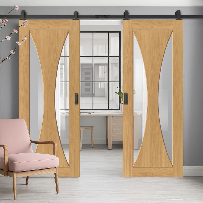 Top Mounted Black Sliding Track & Double Door - Sorrento Oak Door - Clear Glass - Prefinished