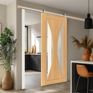Image: Top Mounted Stainless Steel Sliding Track & Sorrento Prefinished Oak Door - Clear Glass
