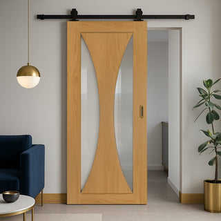 Image: Top Mounted Black Sliding Track & Door - Sorrento Oak Door - Clear Glass - Prefinished