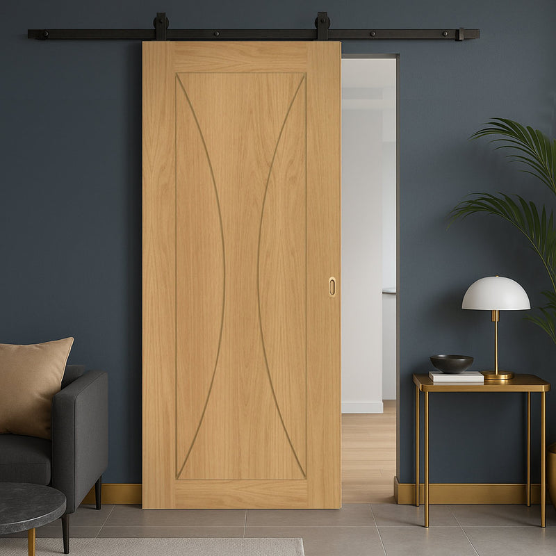 Top Mounted Black Sliding Track & Door - Sorrento Oak Door - Prefinished