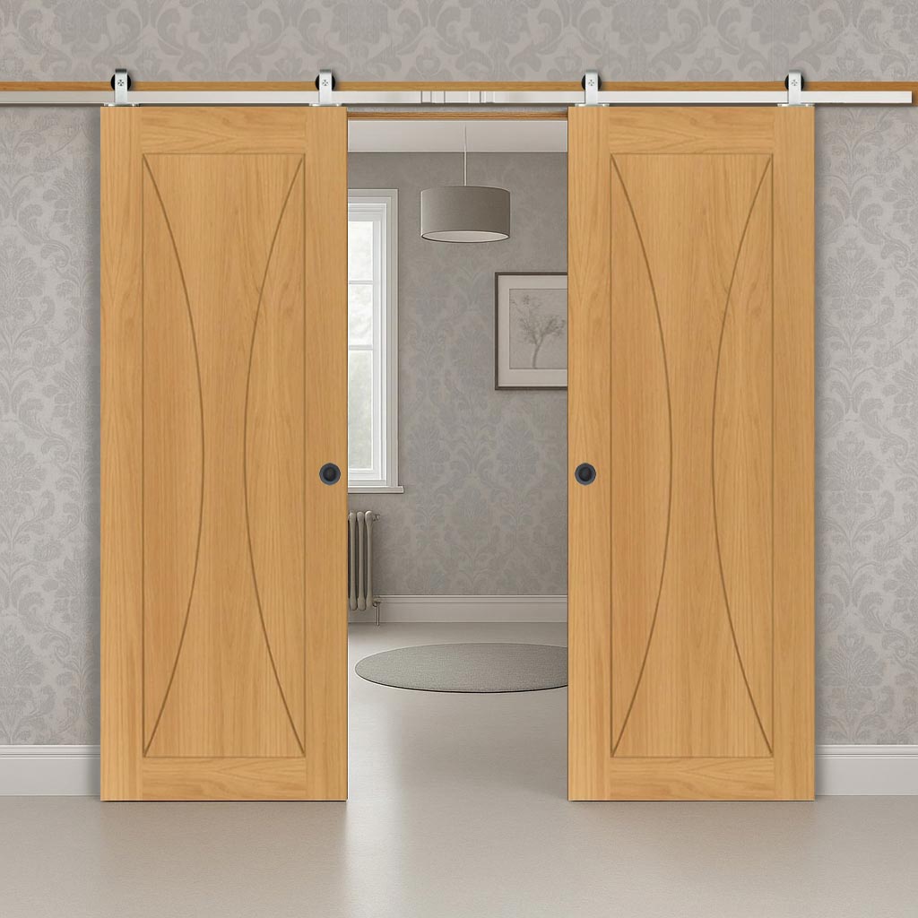 Top Mounted Stainless Steel Sliding Track & Sorrento Prefinished Oak Double Door