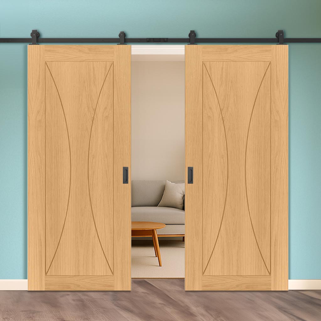 Top Mounted Black Sliding Track & Double Door - Sorrento Oak Door - Unfinished