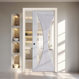 Image: Sorrento Single Evokit Pocket Door - Light Grey Ash - Prefinished - Clear Glass