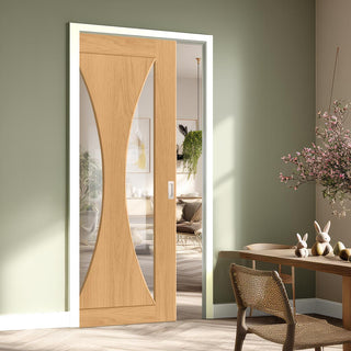 Image: Sorrento Oak Single Evokit Pocket Door - Prefinished - Clear Glass