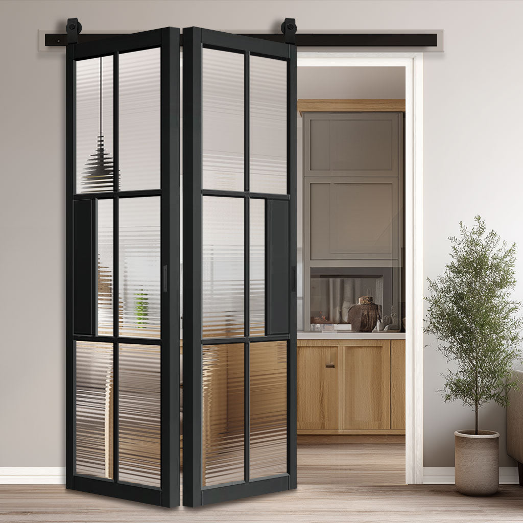 SpaceEasi Top Mounted Black Folding Track & Double Door - Civic Black Industrial Door with Reeded Glass - Prefinished