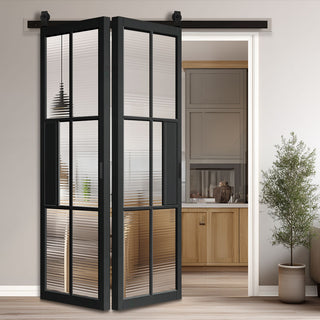 Image: SpaceEasi Top Mounted Black Folding Track & Double Door - Civic Black Industrial Door with Reeded Glass - Prefinished