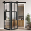 SpaceEasi Top Mounted Black Folding Track & Double Door - Civic Black Industrial Door with Reeded Glass - Prefinished