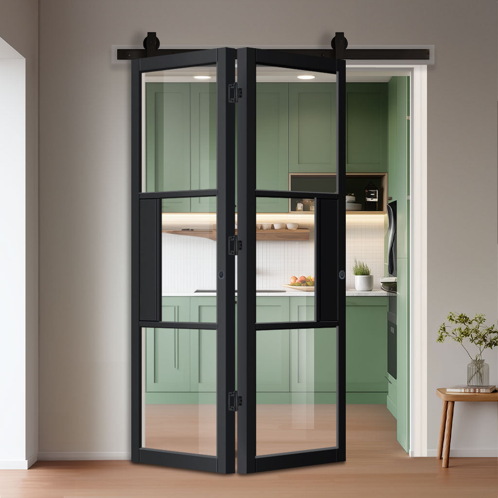 SpaceEasi Top Mounted Black Folding Track & Double Door - Cosmo Black Industrial Door with Clear Glass - Laminated - Prefinished