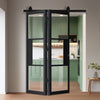 SpaceEasi Top Mounted Black Folding Track & Double Door - Cosmo Black Industrial Door with Clear Glass - Laminated - Prefinished