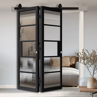 Image: SpaceEasi Top Mounted Black Folding Track & Double Door - Metro Black Industrial Door with Reeded Glass - Prefinished