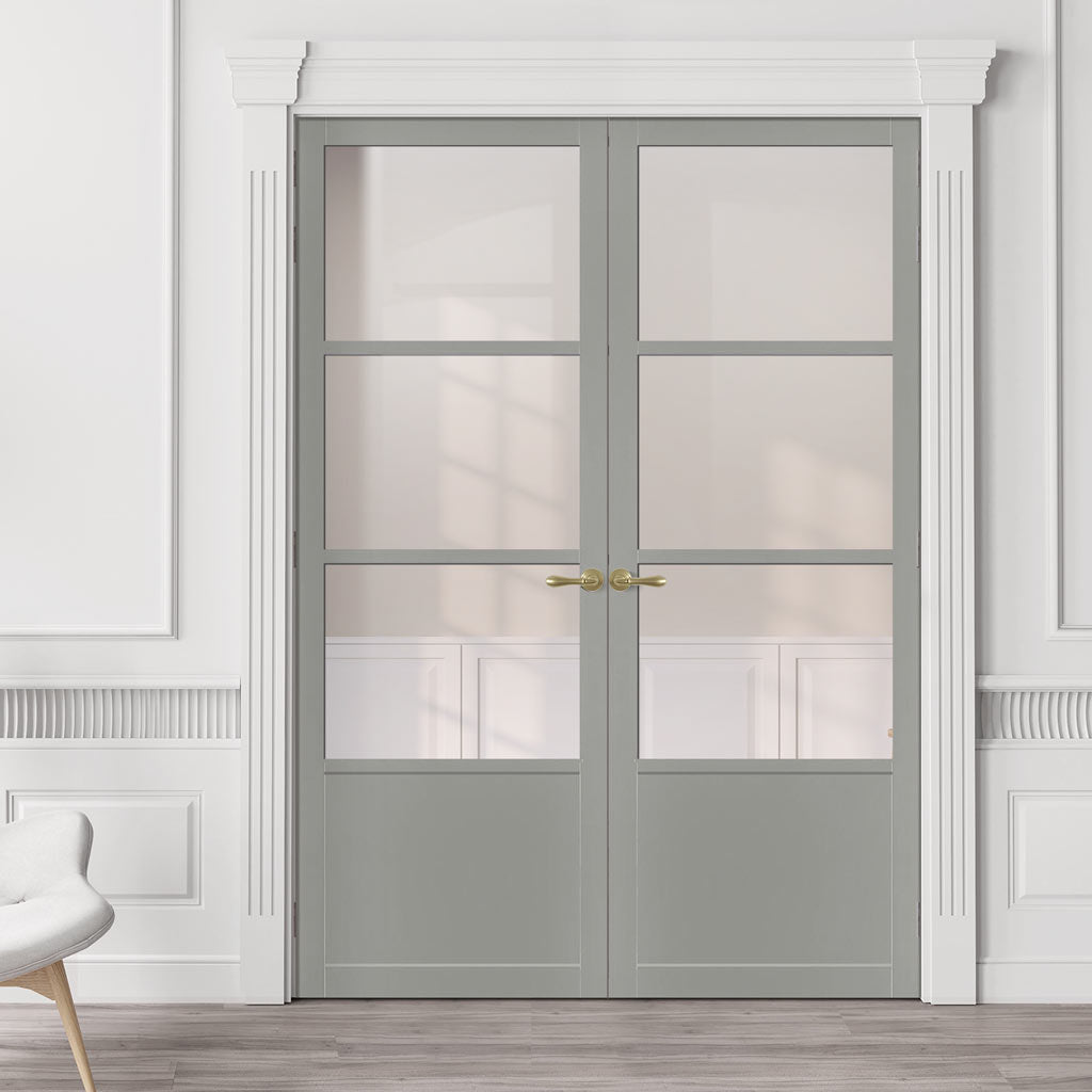 Staten 3 Pane 1 Panel Solid Wood Internal Door Pair UK Made DD6310G - Clear Glass - Eco-Urban® Mist Grey Premium Primed
