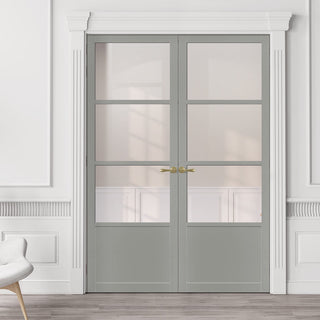 Image: Staten 3 Pane 1 Panel Solid Wood Internal Door Pair UK Made DD6310G - Clear Glass - Eco-Urban® Mist Grey Premium Primed