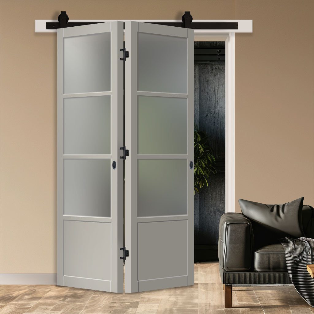 SpaceEasi Top Mounted Black Folding Track & Double Door - Eco-Urban® Staten 3 Pane 1 Panel Solid Wood Door DD6310SG - Frosted Glass - Premium Primed Colour Options