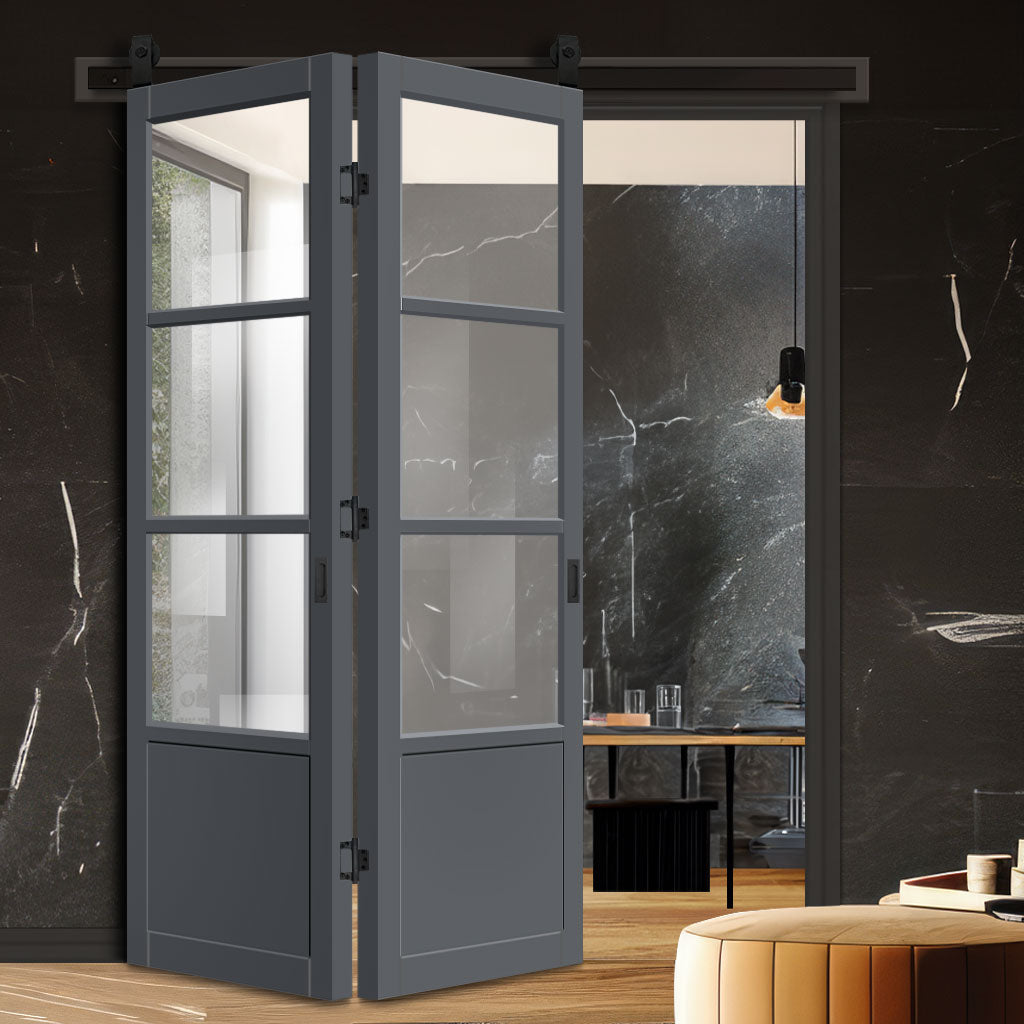 SpaceEasi Top Mounted Black Folding Track & Double Door - Eco-Urban® Staten 3 Pane 1 Panel Solid Wood Door DD6310G - Clear Glass - Premium Primed Colour Options