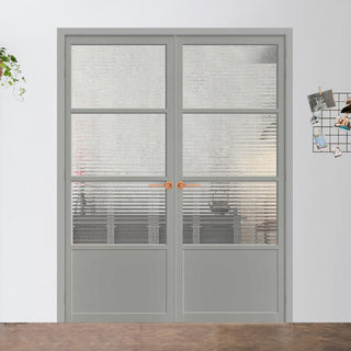 Image: Eco-Urban Staten 3 Pane 1 Panel Solid Wood Internal Door Pair UK Made DD6310 - Clear Reeded Glass - Eco-Urban® Mist Grey Premium Primed