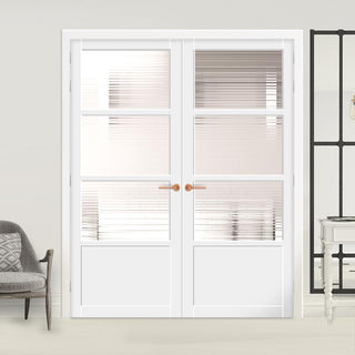 Image: Eco-Urban Staten 3 Pane 1 Panel Solid Wood Internal Door Pair UK Made DD6310 - Clear Reeded Glass - Eco-Urban® Cloud White Premium Primed