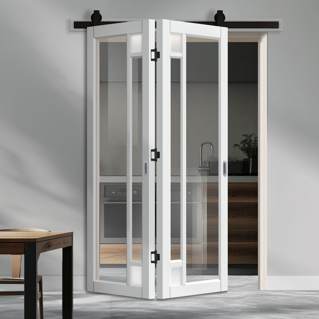 SpaceEasi Top Mounted Black Folding Track & Double Door - Eco-Urban® Suburban 4 Pane Solid Wood Door DD6411G Clear Glass(2 FROSTED CORNER PANES)- Premium Primed Colour Options