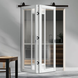 Image: SpaceEasi Top Mounted Black Folding Track & Double Door - Eco-Urban® Suburban 4 Pane Solid Wood Door DD6411G Clear Glass(2 FROSTED CORNER PANES)- Premium Primed Colour Options