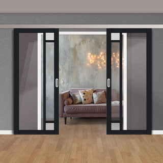 Image: Double Sliding Door & Premium Wall Track - Eco-Urban® Suburban 4 Pane Doors DD6411G Clear Glass(2 FROSTED CORNER PANES)- 6 Colour Options