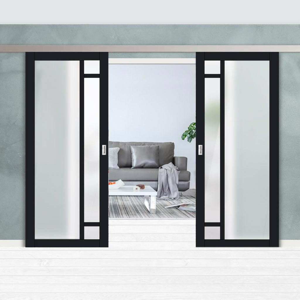 Double Sliding Door & Premium Wall Track - Eco-Urban® Suburban 4 Pane Doors DD6411SG Frosted Glass - 6 Colour Options