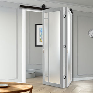 Image: SpaceEasi Top Mounted Black Folding Track & Double Door - Eco-Urban® Suburban 4 Pane Solid Wood Door DD6411SG Frosted Glass - Premium Primed Colour Options