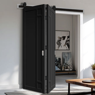 Image: SpaceEasi Top Mounted Black Folding Track & Double Door - Eco-Urban® Suburban 4 Panel Solid Wood Door DD6411 - Premium Primed Colour Options