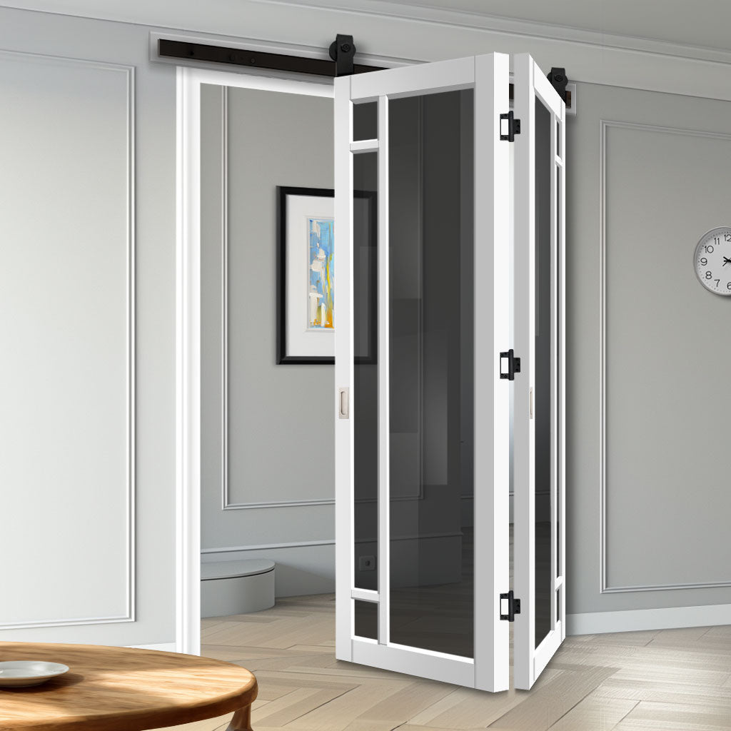 SpaceEasi Top Mounted Black Folding Track & Double Door - Handcrafted Eco-Urban Suburban 4 Pane Solid Wood Door DD6411T Tinted Glass - Premium Primed Colour Options