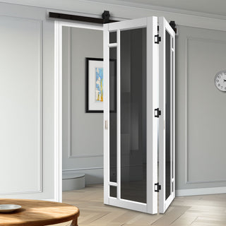 Image: SpaceEasi Top Mounted Black Folding Track & Double Door - Handcrafted Eco-Urban Suburban 4 Pane Solid Wood Door DD6411T Tinted Glass - Premium Primed Colour Options