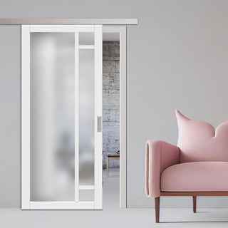 Image: Single Sliding Door & Premium Wall Track - Eco-Urban® Suburban 4 Pane Door DD6411SG Frosted Glass - 6 Colour Options