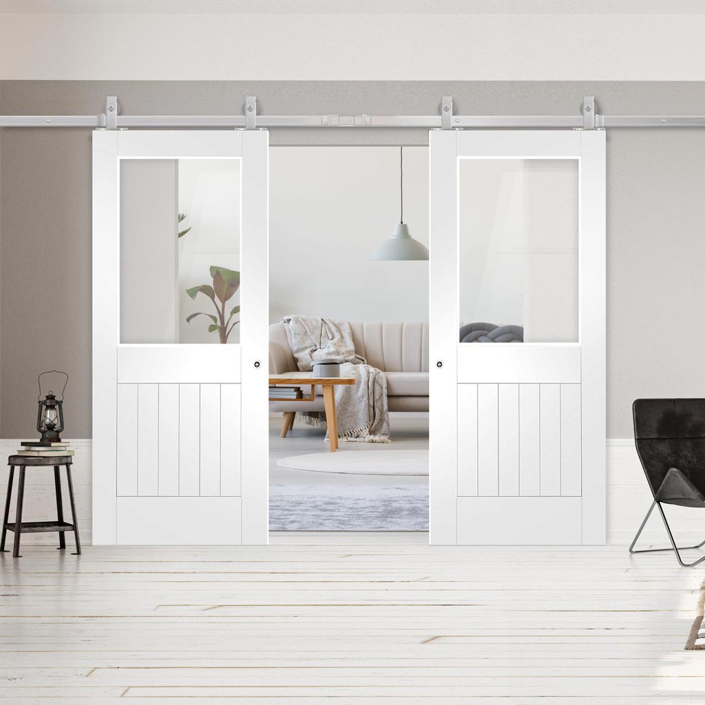 Top Mounted Stainless Steel Sliding Track & Double Door - Suffolk Doors - Clear Glass - White Primed