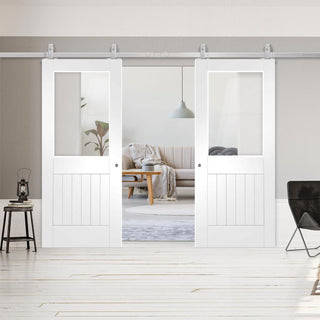 Image: Top Mounted Stainless Steel Sliding Track & Double Door - Suffolk Doors - Clear Glass - White Primed