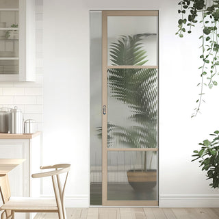Image: Sutton Blonde Oak Single Absolute Evokit Pocket Door - With Clear & Reeded Glass - Prefinished