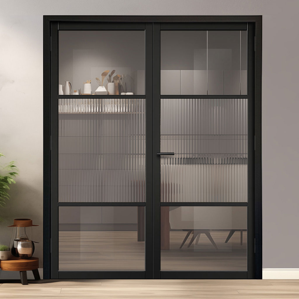 Sutton Black Internal Door Pair - With Clear & Reeded Glass - Prefinished