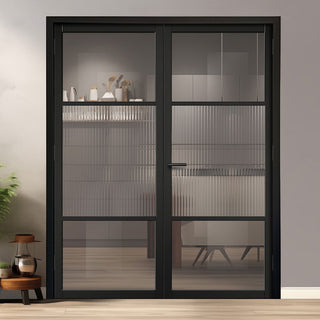 Image: Sutton Black Internal Door Pair - With Clear & Reeded Glass - Prefinished