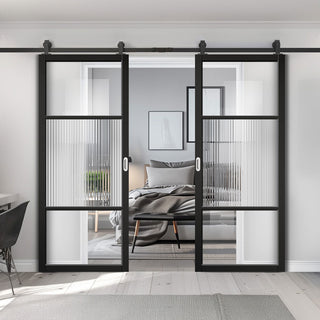 Image: Top Mounted Black Sliding Track & Double Door - Sutton Black Internal Door - With Clear & Reeded Glass - Prefinished