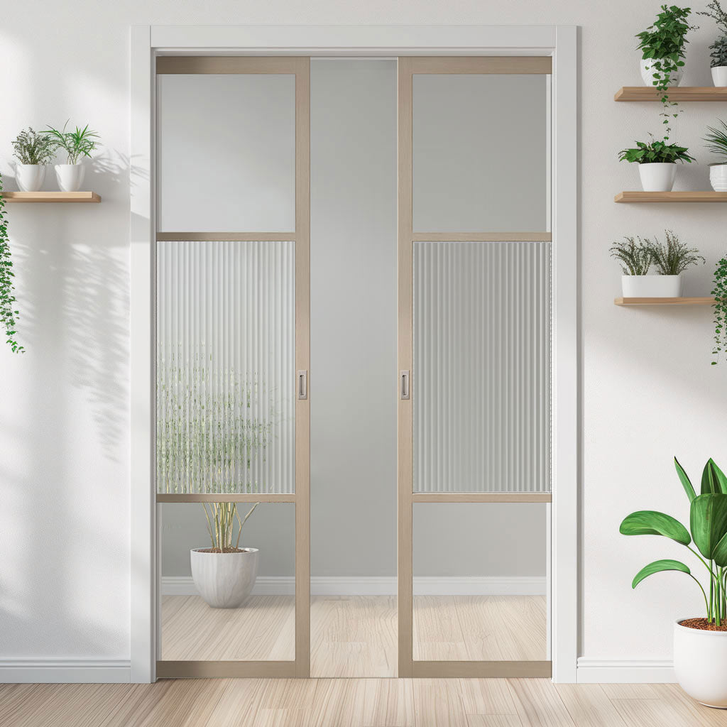 Sutton Blonde Oak Absolute Evokit Double Pocket Doors - With Clear & Reeded Glass - Prefinished