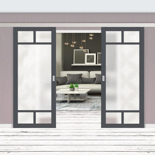 Image: Double Sliding Door & Premium Wall Track - Eco-Urban® Sydney 5 Pane Doors DD6417SG Frosted Glass - 6 Colour Options