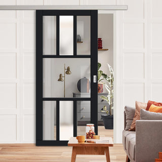 Image: Single Sliding Door & Premium Wall Track - Eco-Urban® Tasmania 7 Pane Door DD6425G Clear Glass(2 FROSTED PANE) - 6 Colour Options