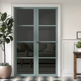 Image: Brooklyn 4 Pane Solid Wood Internal Door Pair UK Made DD6308 - Tinted Glass - Eco-Urban® Sage Sky Premium Primed