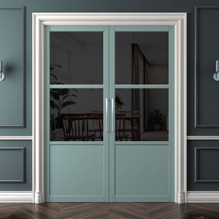 Image: Berkley 2 Pane 1 Panel Solid Wood Internal Door Pair UK Made DD6309 - Tinted Glass - Eco-Urban® Sage Sky Premium Primed