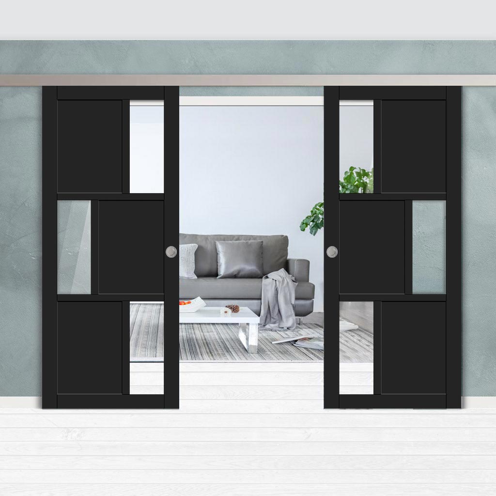 Double Sliding Door & Premium Wall Track - Eco-Urban® Tokyo 3 Pane 3 Panel Doors DD6423G Clear Glass - 6 Colour Options