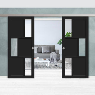 Image: Double Sliding Door & Premium Wall Track - Eco-Urban® Tokyo 3 Pane 3 Panel Doors DD6423G Clear Glass - 6 Colour Options