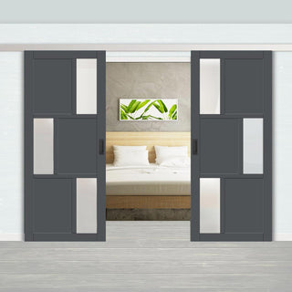 Image: Double Sliding Door & Premium Wall Track - Eco-Urban® Tokyo 3 Pane 3 Panel Doors DD6423SG Frosted Glass - 6 Colour Options