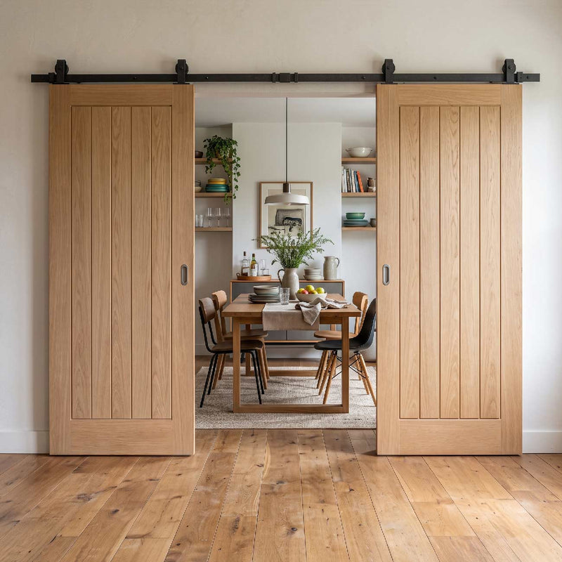 Top Mounted Black Sliding Track & Double Door - Belize Oak Doors - Prefinished