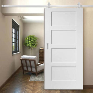 Image: Top Mounted Stainless Steel Sliding Track & Door - Shaker 4 Panel Door - White Primed