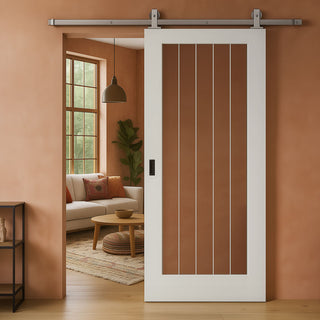 Image: Top Mounted Stainless Steel Sliding Track & Door - Ely Glazed Door - Clear Etched Glass - White Primed