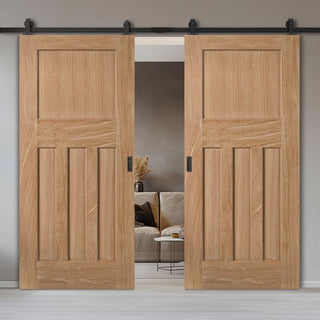 Image: Top Mounted Black Sliding Track & Double Door - DX30's Panel Oak Primed Internal Door