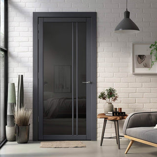 Image: Milano Solid Wood Internal Door UK Made  DD0101T Tinted Glass - Stormy Grey Premium Primed - Urban Lite® Bespoke Sizes